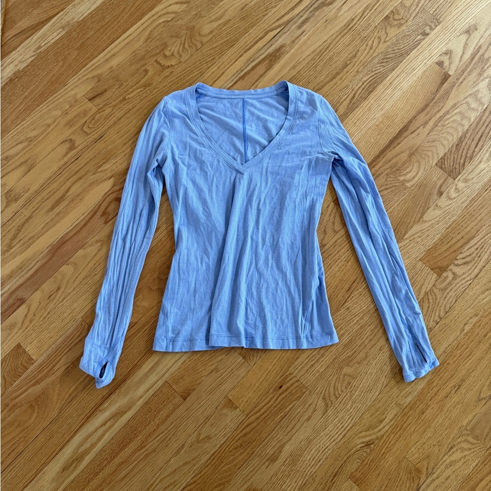 Lululemon v neck long sleeve light blue striped top